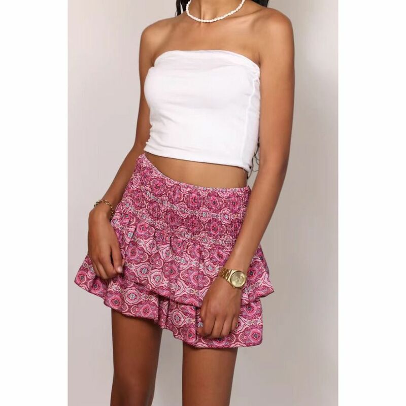 Плиссированная короткая юбка с высокой талией для отпуска, летняя Весенняя мини-юбка с оборками, Женская юбка с цветочным принтом для женщин и девочек