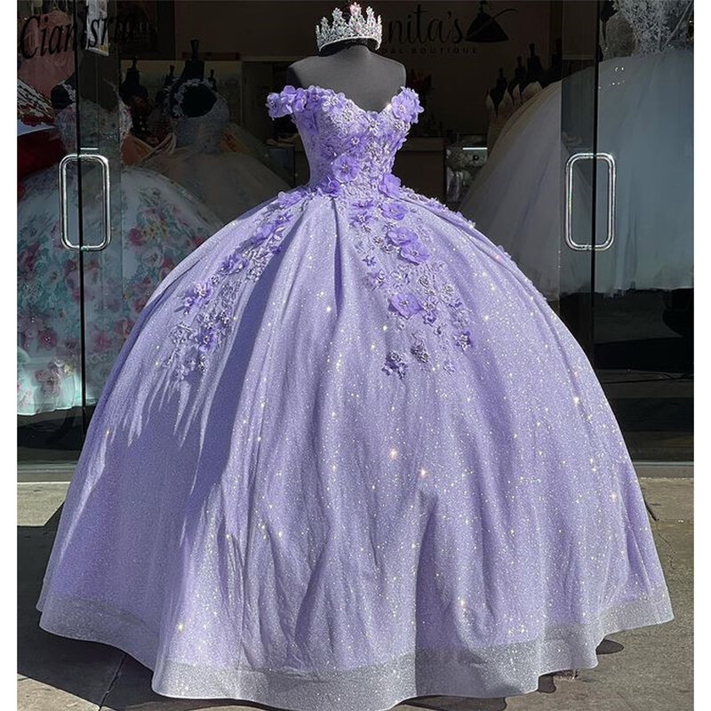 Gaun Bling Sequin Sweet 16 Quinceanera dengan Manik Applique 3D Gaun Korset Vestidos De 15 Anos Masquerade Xv Gaun Lavender