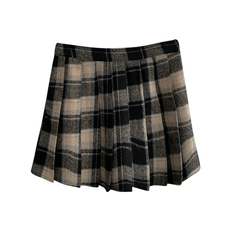 Women's Winter Vintage High Waisted Plaid Wool Skirt Leather Pleated Skirt
