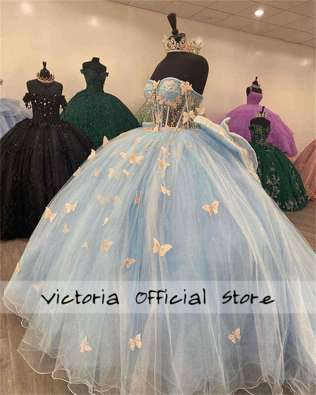 Traum hellrosa Schmetterlinge Applikation blau Quince anera Kleider Ballkleid mexikanische süße sechzehn Kleid Brautkleider Korsett
