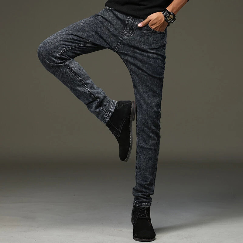 Jeans kurus pria, celana Denim mode klasik ramping kualitas tinggi kasual 2023