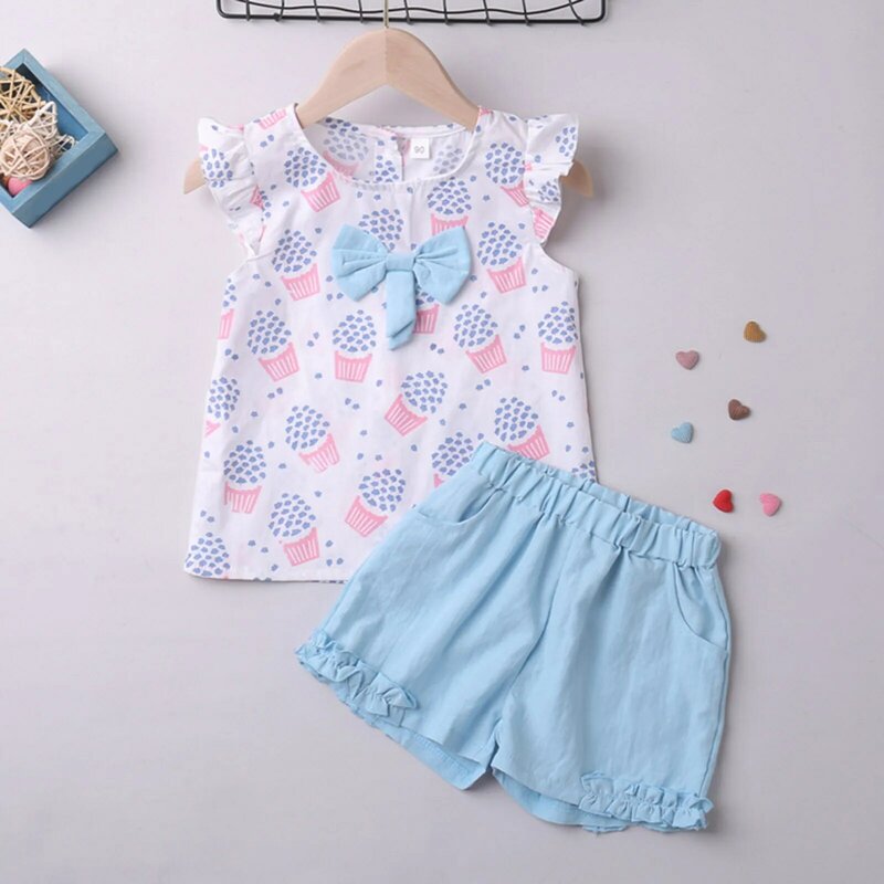 1 2 3 4 5 6 Years Girls Clothing Set Sleeveless Summer Ice Cream Bow Top T-shirt+Pants 2Pcs Suit Toddler Children's Clothes