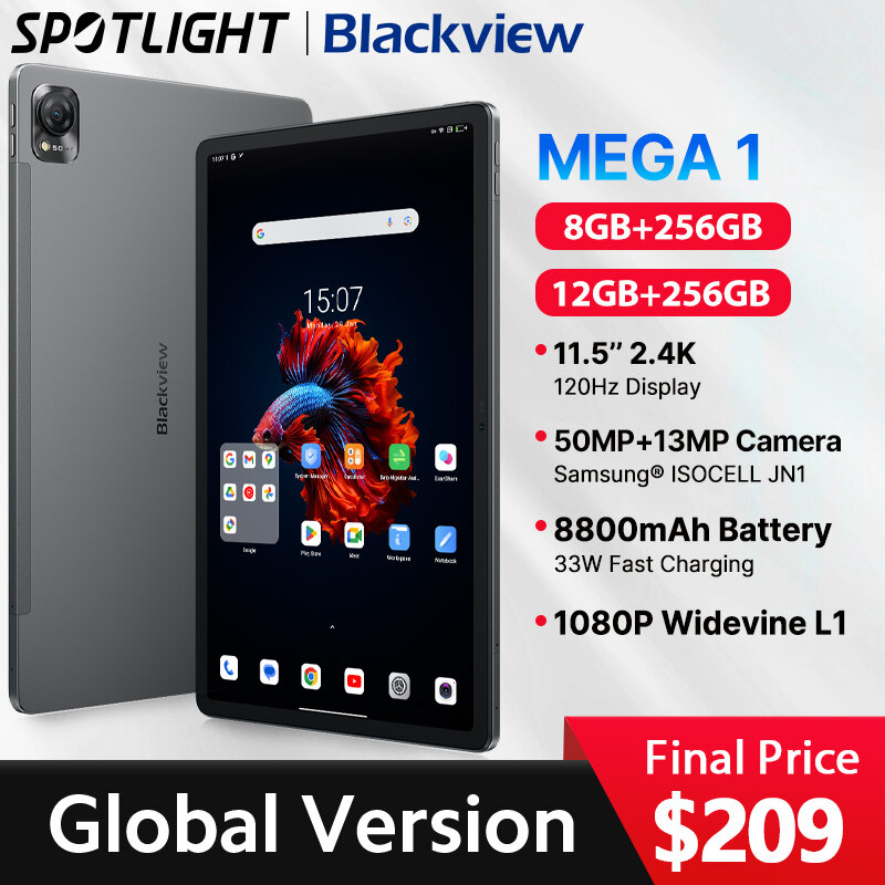 Blackview-MEGA 1 Câmera de Carregamento Rápido, Estreia Mundial, 11.5 ", 2.4K, Display 120Hz, 8GB, 12GB, 256GB, 50MP, 13MP, 33W, 8800mAh Bateria