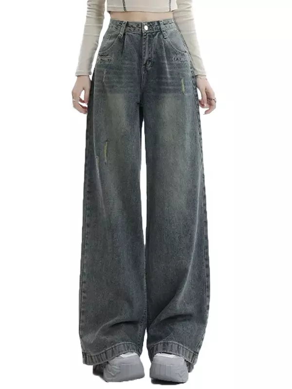 Estate nuovo classico a vita alta a figura intera Street Jeans donna americano Vintage semplice dritto allentato Casual femminile pantaloni a gamba larga