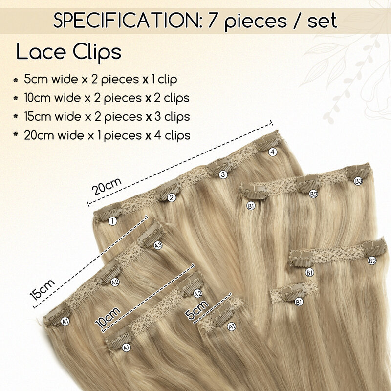 ZURIA klip renda dalam ekstensi rambut manusia 8/16/20/24 "100% jepit rambut kepala penuh panjang asli wig lurus Remy untuk wanita