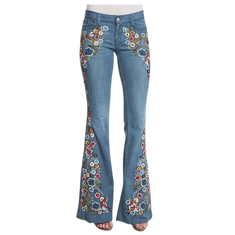 Calça jeans vintage bordada flor feminina, calça de cintura alta, ajuste emagrecedor, botão da moda feminina, calça jeans feminina queimada