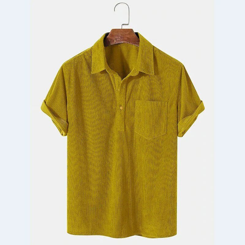 Camisa de manga corta de pana suelta informal para hombre, Camisa cómoda con solapa de color sólido, novedad de 2022