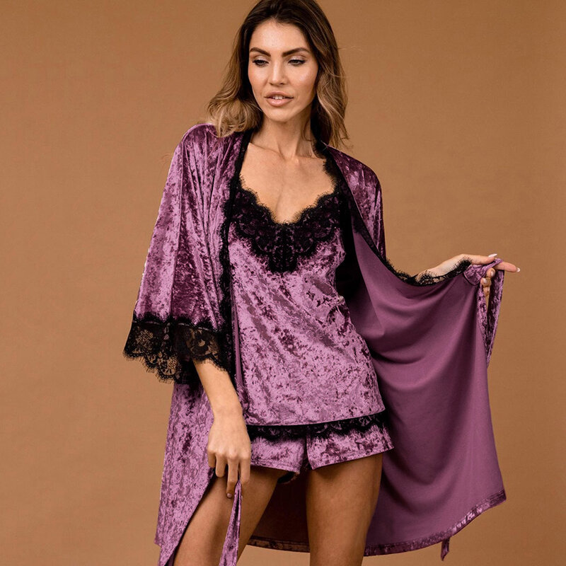 Hiloc Velvet Nightgown Knitting Robes Women Set Woman 3 Pieces Sleepwear Lace Patchwork Robe Home Pajama Sets Nightwear Bathrobe