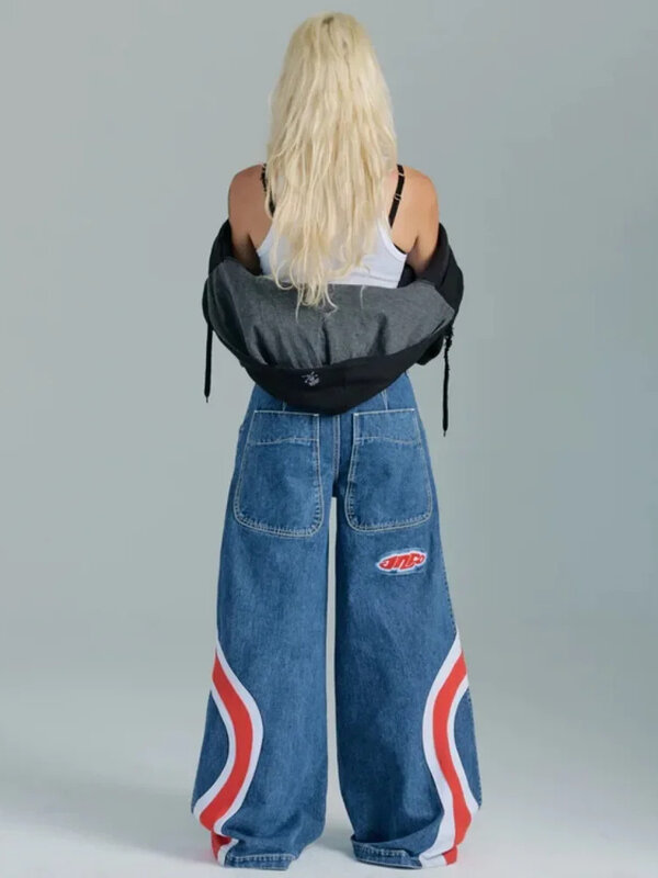 HOUZHOU Y2k Vintage workowate dżinsy kobieta Oversize Patchwork spodnie dżinsowe Harajuku Streetwear koreański styl spodnie Hip Hop szerokie nogawki