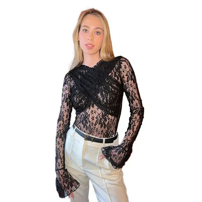 Fashionable slim fit V-neck long sleeved top, sexy perspective lace tight fitting clothing, fashionable women's clothing CSM44