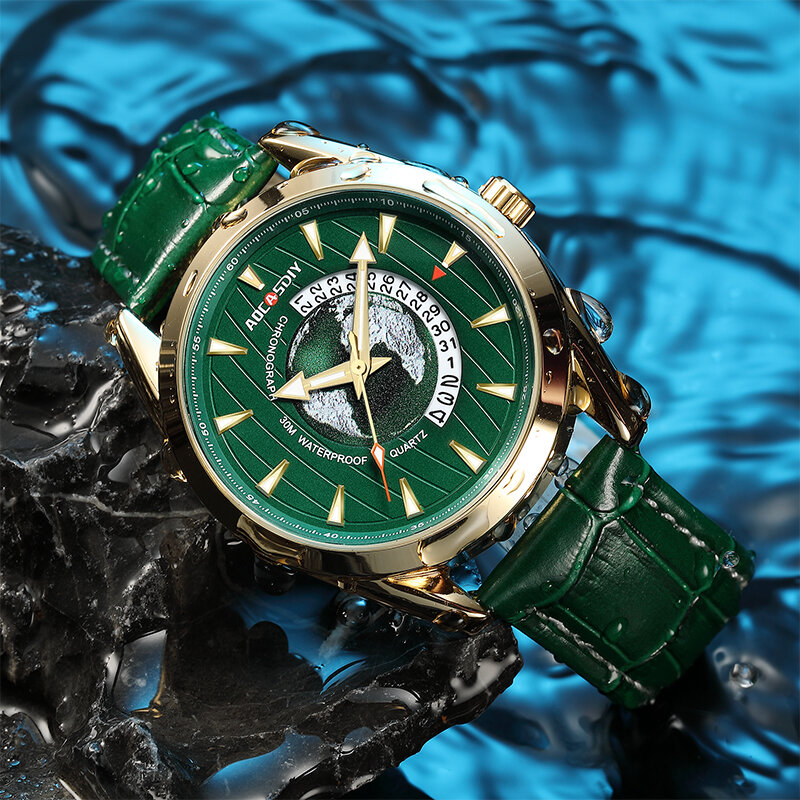 Aocasdiy Luxe Heren Horloges Nieuwe Mode Creatieve Aarde Quartz Polshorloge Lederen Sport Horloge Voor Mannen Klok Relogio Masculino