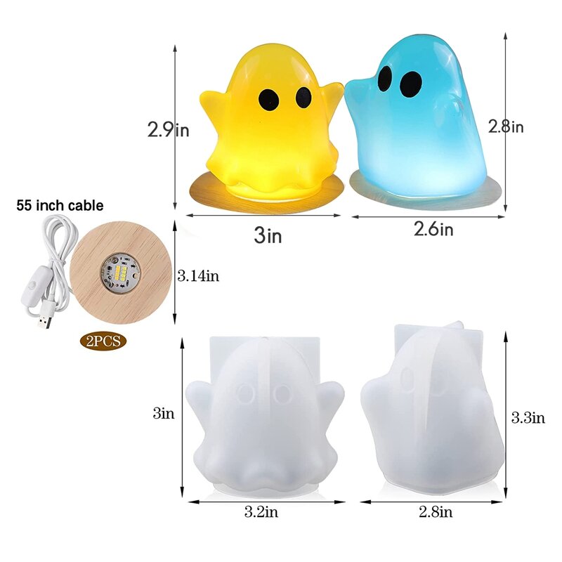 Silicone Lamp Molds For Resin, 2 Pack Ghost Shaped Night Lamp Resin Molds With 2Pcs USB Wooden Glowing Base Brackets