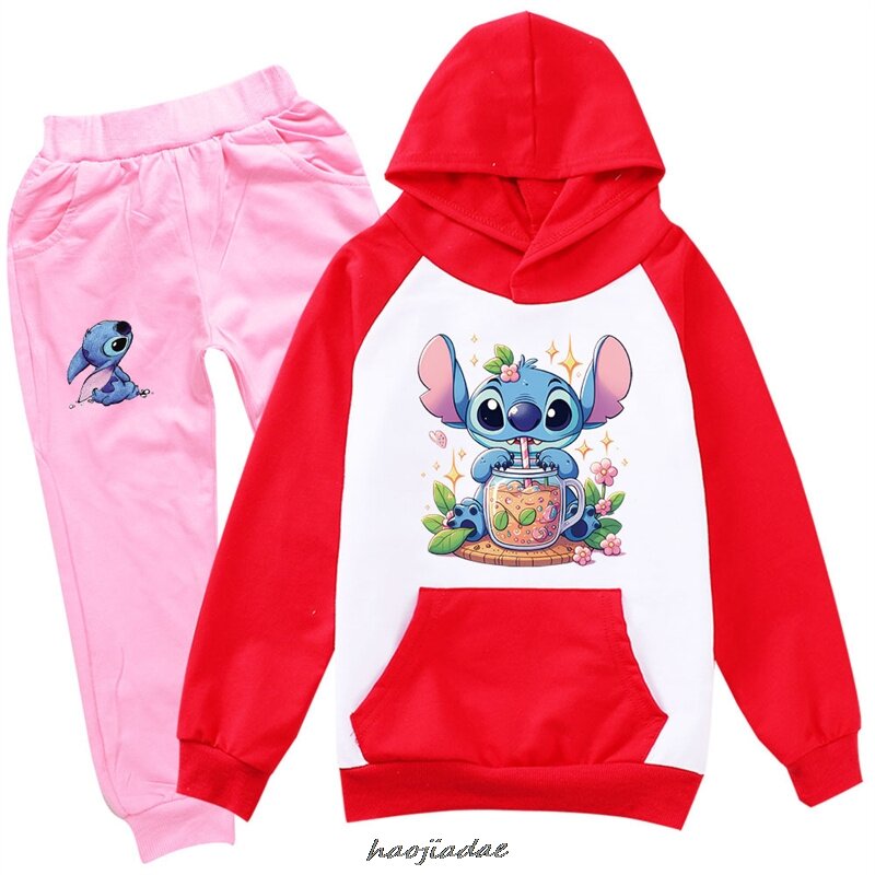 Lilo And Stitch Baby Girls Clothes Pocket Hooded Printed Top + Pant 2Pcs Cartoon Toddler Girls Clothes Teen Women Outfit Sets