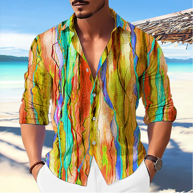 Camisa de festa 3D listrada colorida masculina, lapela, fio dourado, feita de material de alta qualidade, azul, roxo, verde, vermelho, ao ar livre, 2022