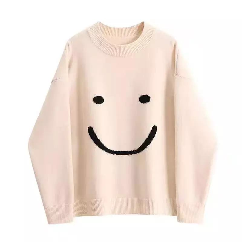 Sweater atasan leher O untuk wanita, Sweater atasan Pullover motif senyum longgar, Harajuku bergaya Korea musim gugur dan musim dingin 2023