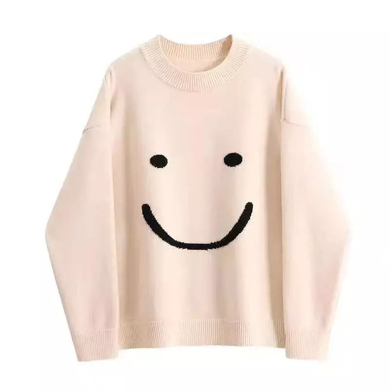 Dames O-hals Koreaanse Stijl Harajuku Chique Dames Trui Losse Print Smile Trui 2023 Herfst Winter Dames Truien Pullover