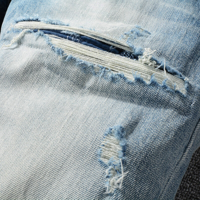 Pantalones vaqueros rasgados elásticos para Hombre, Jeans rasgados, ajustados, de diseñador, de marca, Hip Hop, Retro, azul