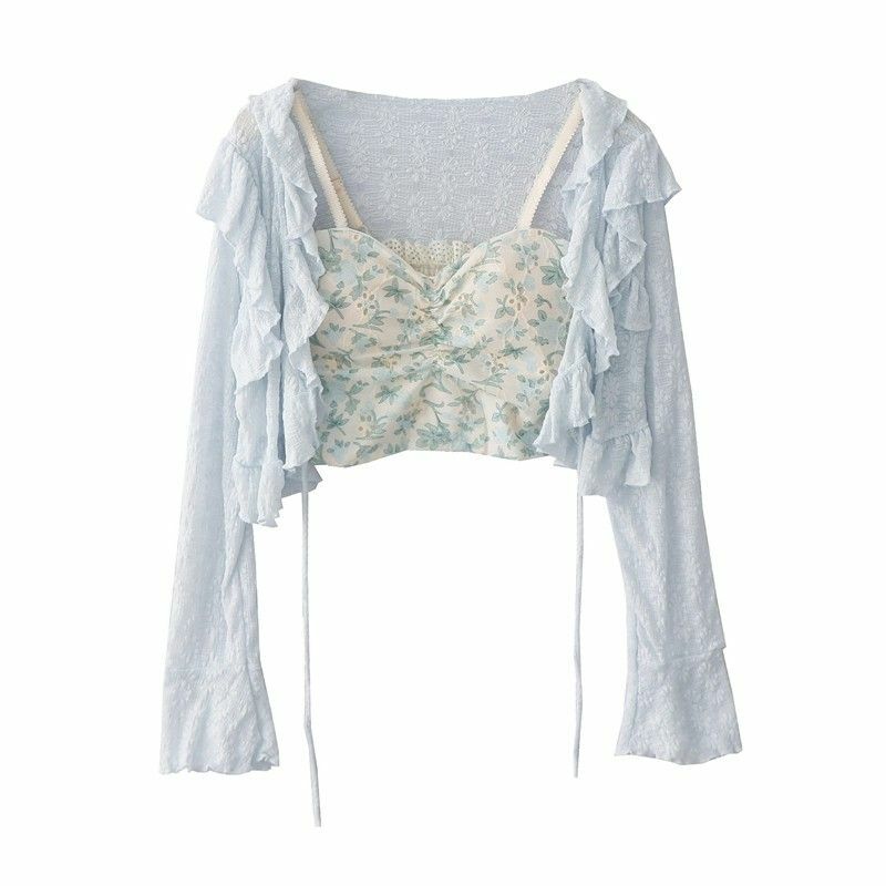 Sweet Hot Girl Summer French Embroidered Floral Lace Ruffled Lace-up Short Cardigan + Flower Print Small Sling Top Two-piece Set