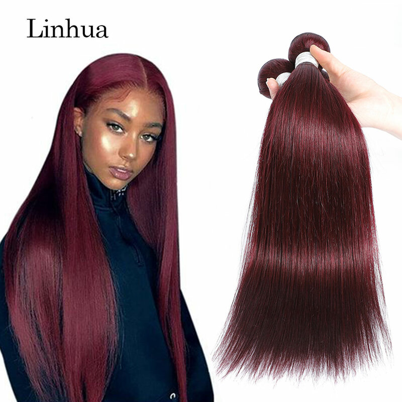 Linhua Straight Hair Bundles 99j Burgundy Straight Human Hair  1 3  4 Bundles Machine Made Double Weave Weft 100% Remy Hair