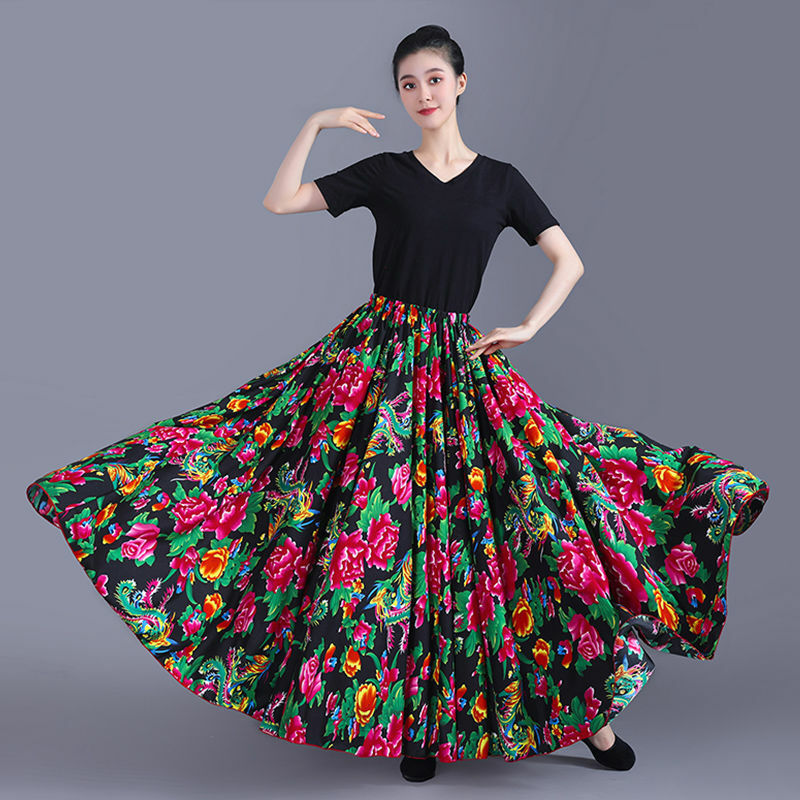 Woman Fashion Long Maxi A-line Elastic Waist Women Cotton Red Skirts Flower Print Skirts Ladies Skirts Flower Skirt Big Hem Q638