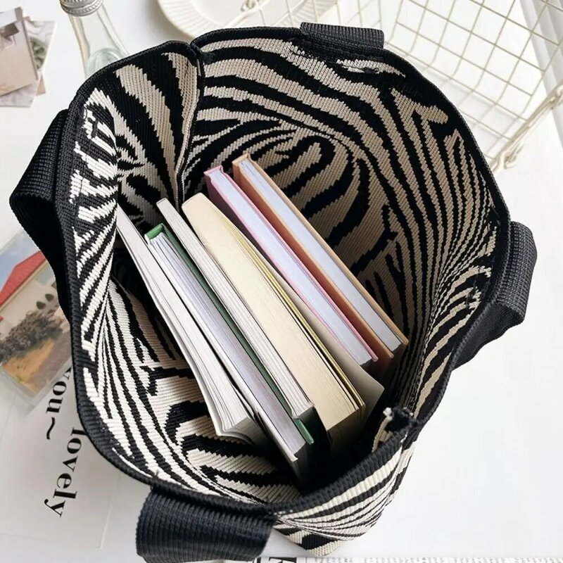 Woven Hand-woven Bag Handmade Zebra-stripe High-capacity Wool Knitting Shoulder Bags Knit Tote Bag Student