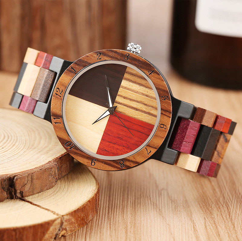 ساعات خشبية للرجال ، مصنوعة يدويًا ، ملونة ، خيزران ، تناظرية ، كوارتز
