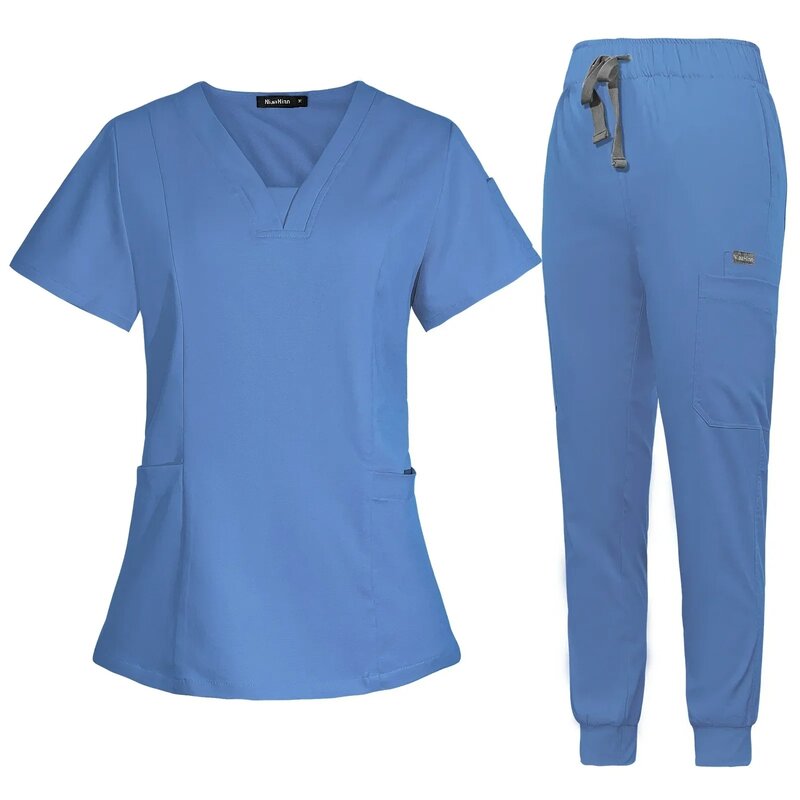 New Short Sleeve Scrubs Top with Pocket Pants Medical Nurse Uniforms Doctor Surgery Overalls Spa Outwear Beauty Salon Workwear