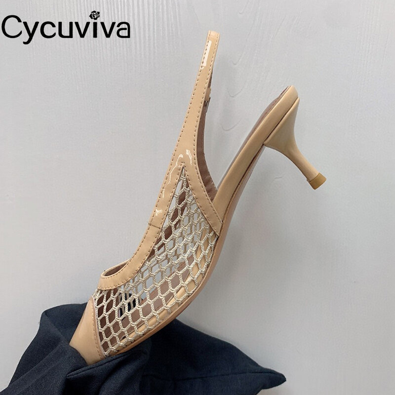 Sepatu pesta kristal ujung runcing wanita sandal hak tinggi jaring udara musim panas untuk wanita merek desainer Sandalias Mujer