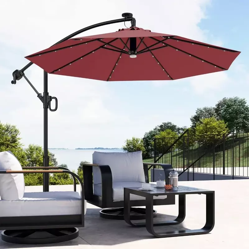 Ombrello, ombrello Offset da esterno da 10 piedi 40 luci solari a LED e manovella, palo in alluminio e ombrelloni UPF 50 + Fade