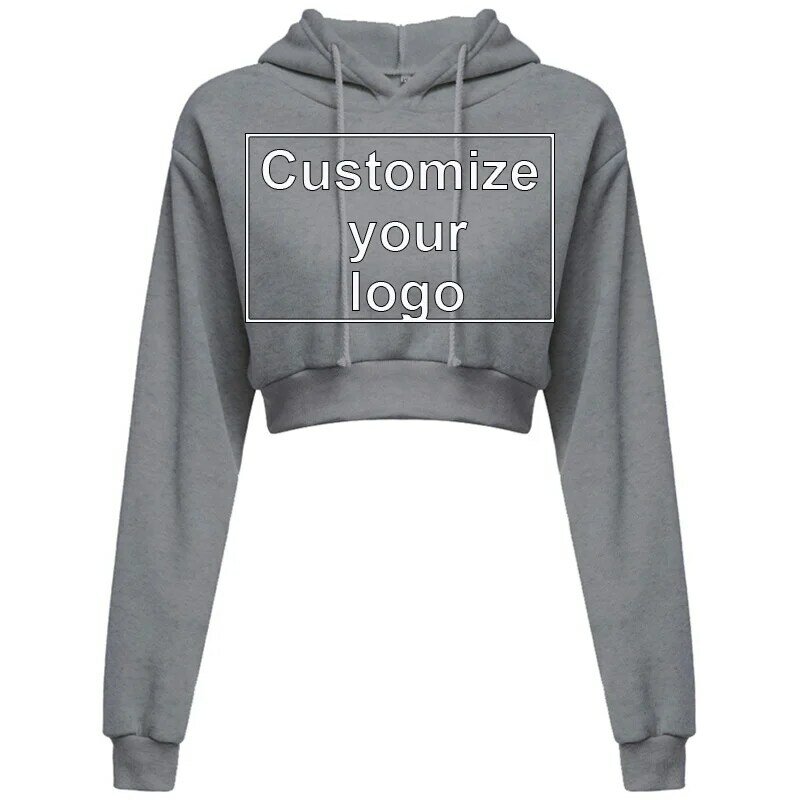 Hooded Women's Top Sports Fashion Solid Color Long Sleeve Customization Your Logo Hoodie Short Open Umbilical Sweater 10 Colors
