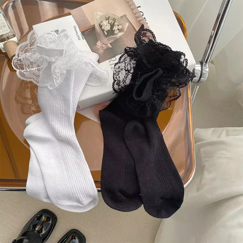 Vrouwen Zwart Wit Kant Lange Sokken Lieve Meisjes Schattig Lacework Ruche Sokken Vrouwen Jk Japanse Stijl Lolita Kawaii Prinses Sokken