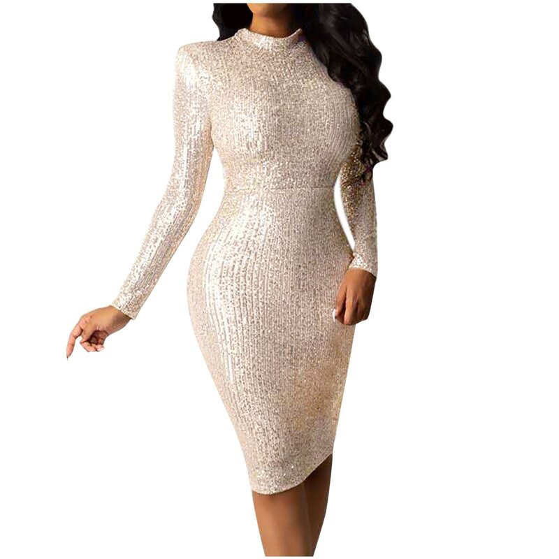 Women's Cocktail Dress Fashion Long Sleeve Crew Neck Glitter Sparkly Sequin Slim Bodycon Red Dress Sexy Formal Homecoming Dress