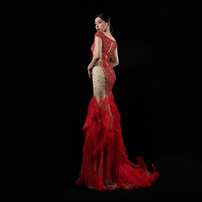 Красное вечернее платье на заказ, роскошные банкетки Ручной Работы Из Страусиных волос, элегантное платье с коротким рукавом, высокое качество 998