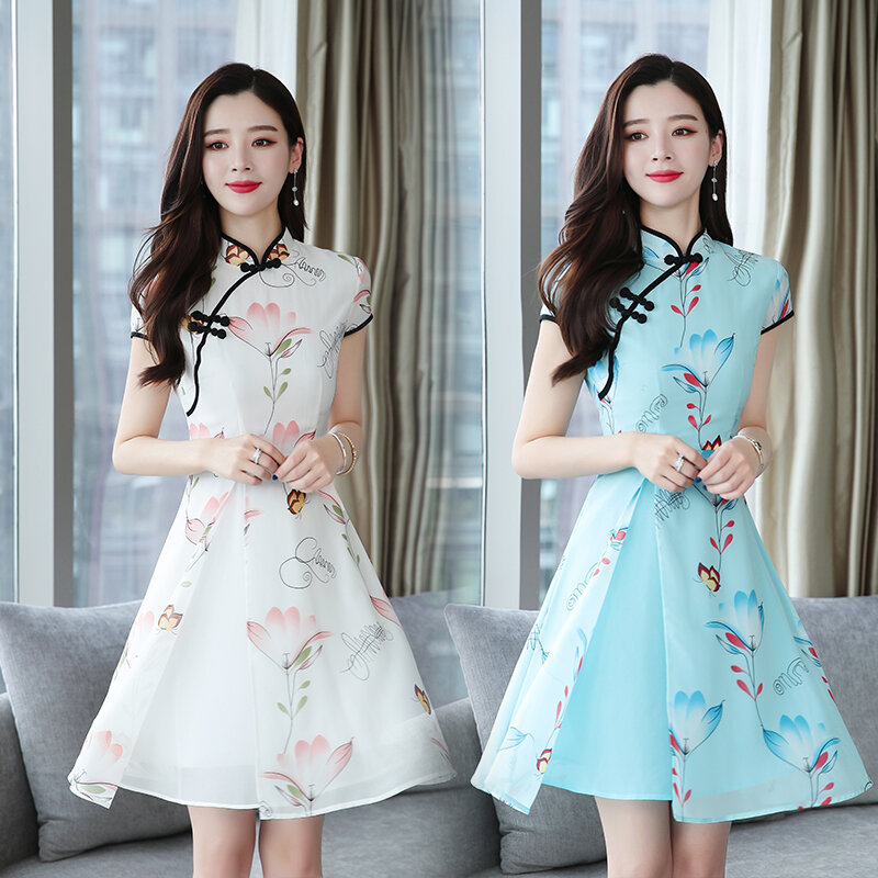 Vestido cheongsam estampado em chiffon, estilo tradicional chinês vintage, vestido Qipao fino, novo moderno melhorado, verão, 2023