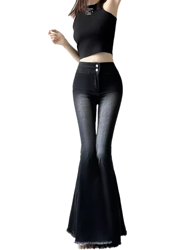 กางเกงยีนส์สตรีทเอวสูงสีดำแบบเรียบง่ายกางเกงขาบานสำหรับผู้หญิงกางเกงยีนส์แฟชั่นชิคชิคชิค