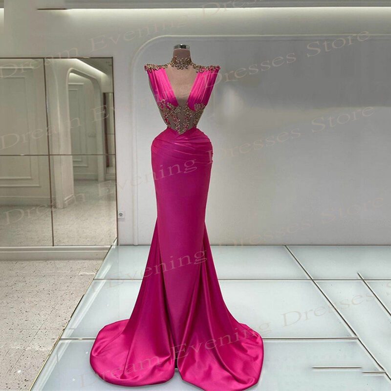 2024 Modern Pink Women's Mermaid Charming Evening Dresses Sleeveless Formal Party Prom Gowns High Neck Pleated Vestido De Noche