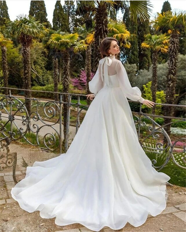Elegant High Neck Full Sleeves Chiffion Bow A-line Wedding Dresses 2024 Court Train Floor Length Bridal Gowns Vestido De Noiva