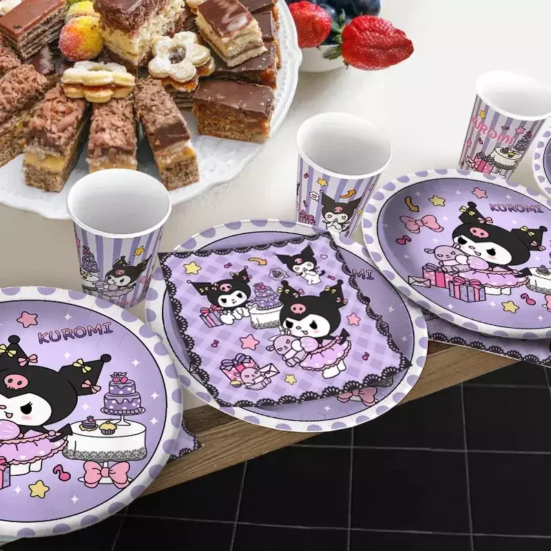 MINISO Sanrio Kuromi-manteles desechables con temática Kawaii para niños y niñas, Decoración de mesa de postre para fiesta de cumpleaños