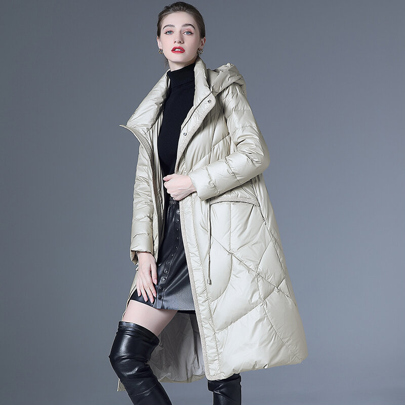 Manteau en duvet de canard blanc pour femme, parka épaissie, pardessus européen haut de gamme, vêtements de neige, pardessus long, hiver, nouveau, 2023