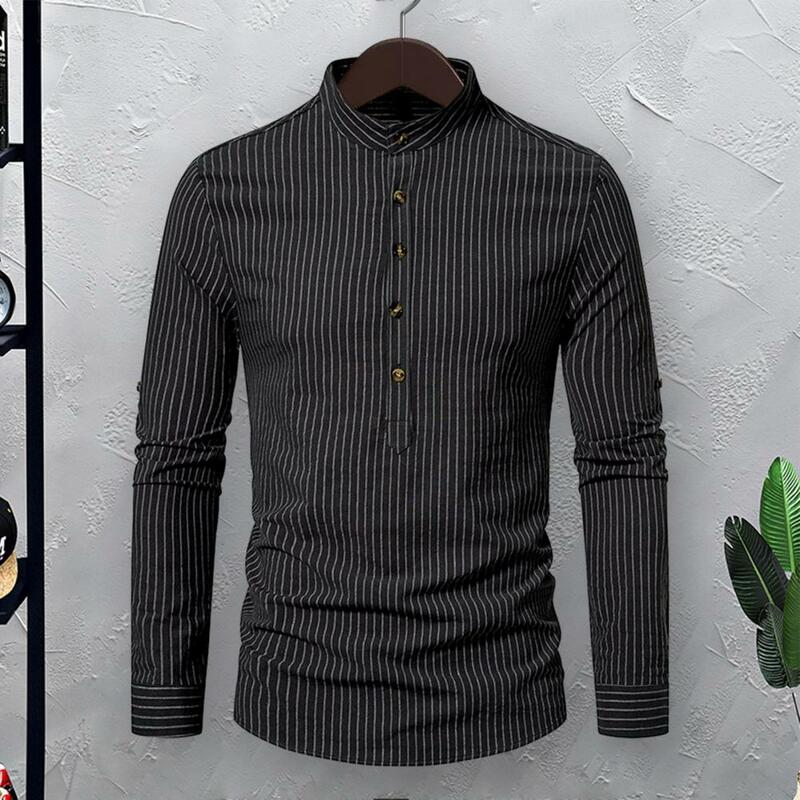 Stylish Stand-up Collar Top Striped Slim Fit Men's Business Shirt with Stand Collar Long Sleeve Breathable for Fall for Men