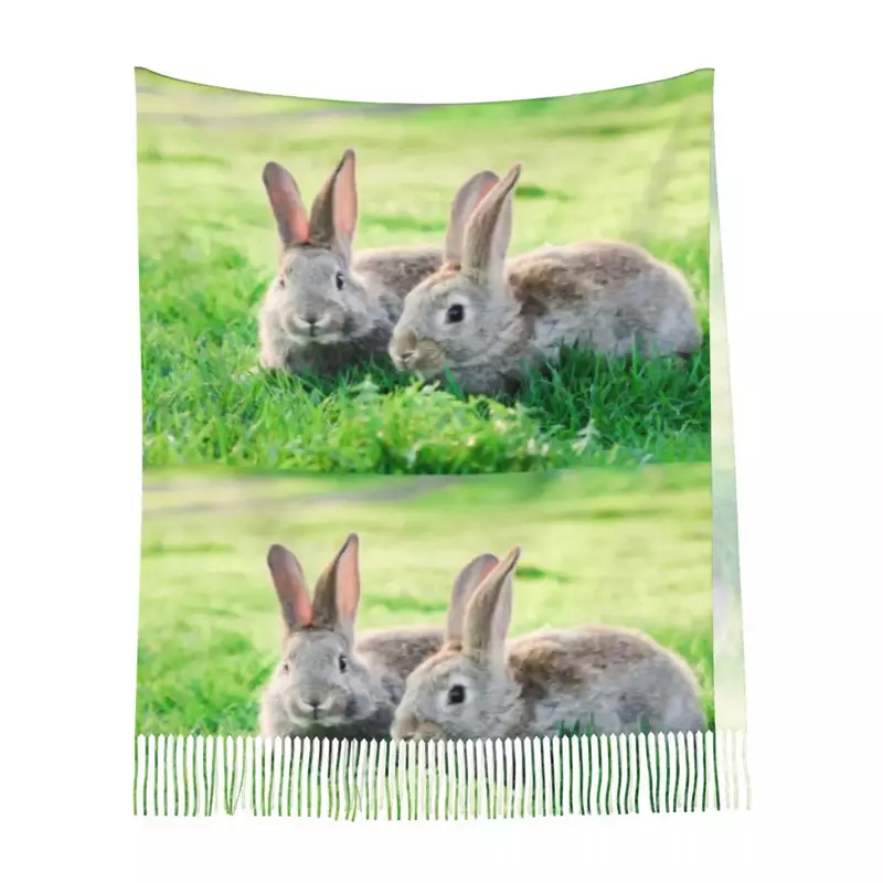 여성용 파시미나 숄 랩, 프린지 스카프, 긴 대형, 녹색 잔디에 회색 토끼 두 마리