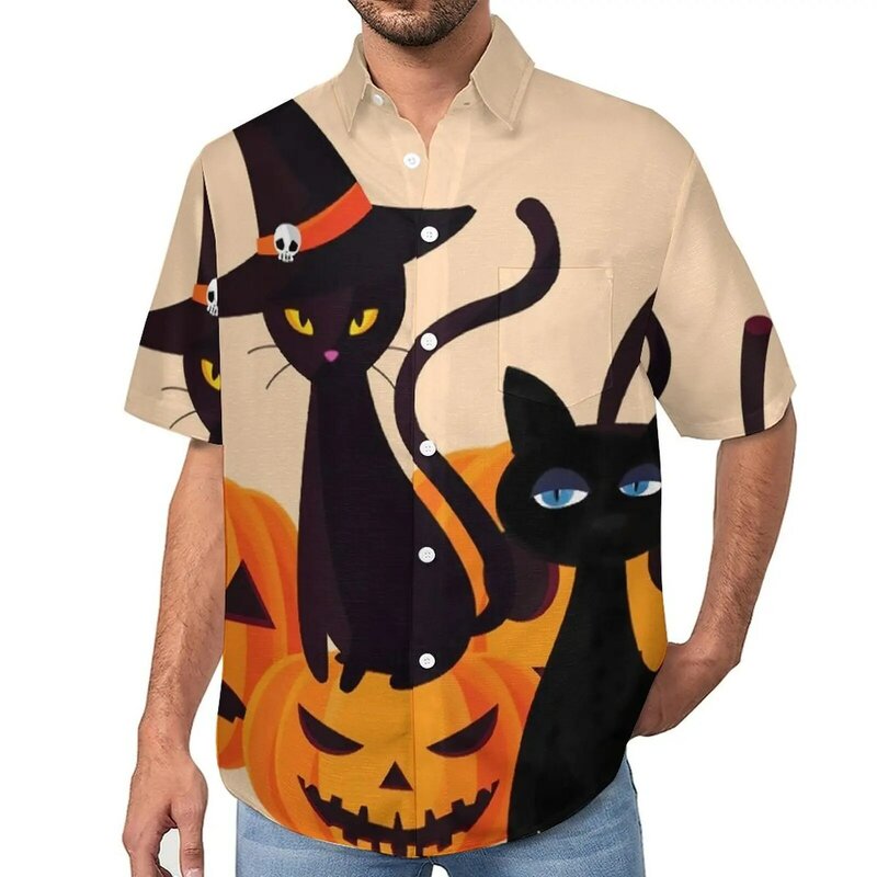 Camisa assustadora de férias masculina para gatos mágicos, blusas casuais, design de manga curta, abóboras assustadoras, moda havaiana, tamanho grande