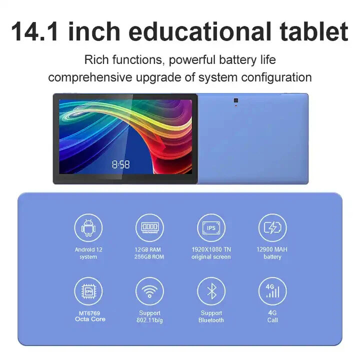Tablet layar besar 14.1 inci, Pc Android 12 tablet 12 + 256GB panggilan telepon Bluetooth 5G WiFi Pad untuk pendidikan/lembar Musik/dapur