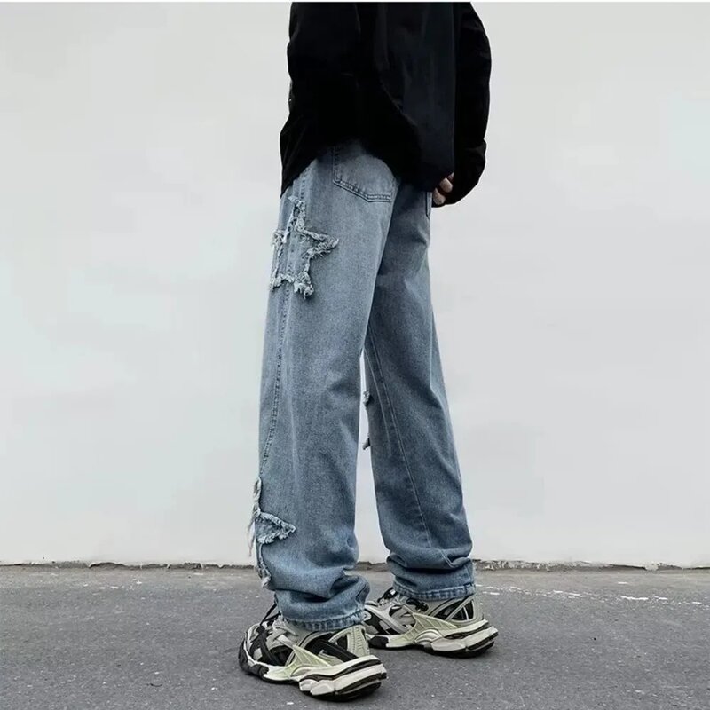 Calças de algodão masculinas, bordado toalha estrela, calças largas, roupas retas, streetwear hip hop, jeans, nova moda, 2024