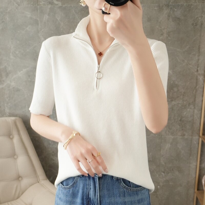 022 primavera verão nova malha de manga curta camisola feminina meia gola com zíper pulôver fino-ajuste base de moda versão coreana