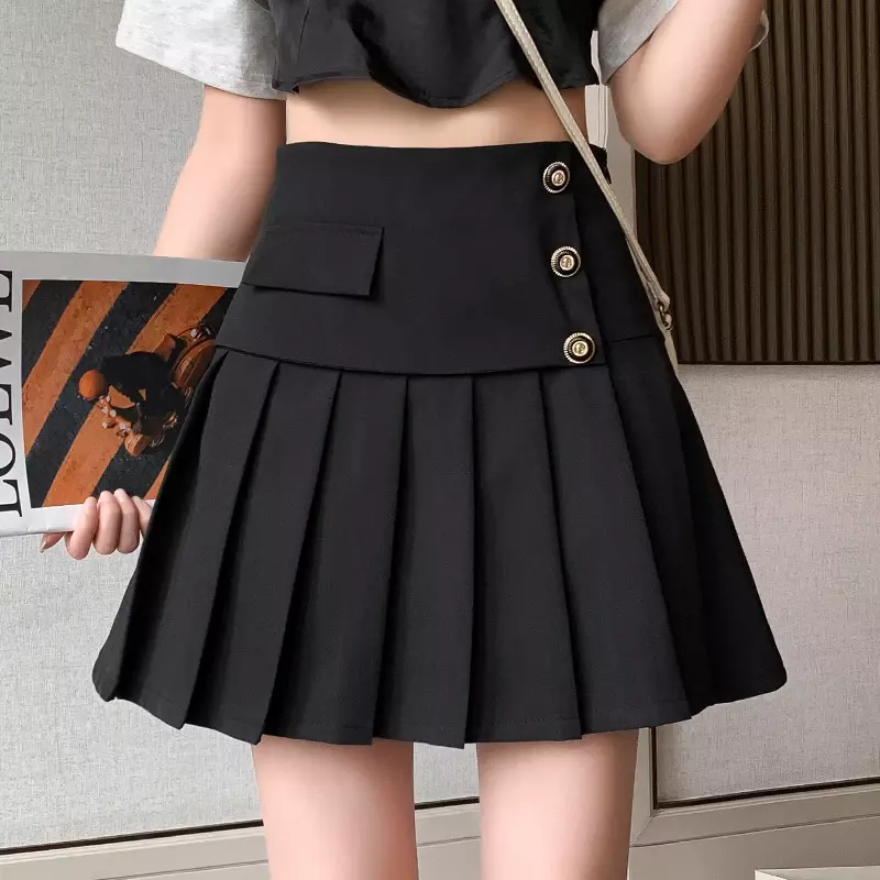 Spring Autumn Pleated Skirts Women Korean High Waist Mini Skirt A-Line Black White Buttons Office Shorts Skirt Harajuku Zipper