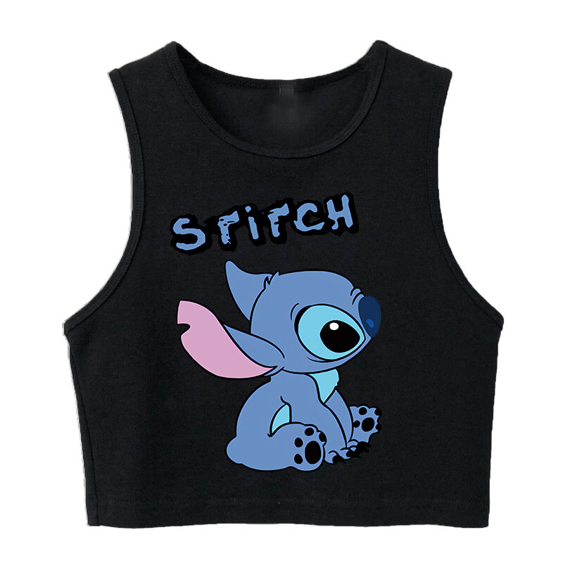 เสื้อกล้าม Disney Lilo Stitch ลายการ์ตูนเสื้อยืดสตรีทเสื้อเอวลอยลายกราฟิก Kaus jahitan สำหรับผู้หญิง