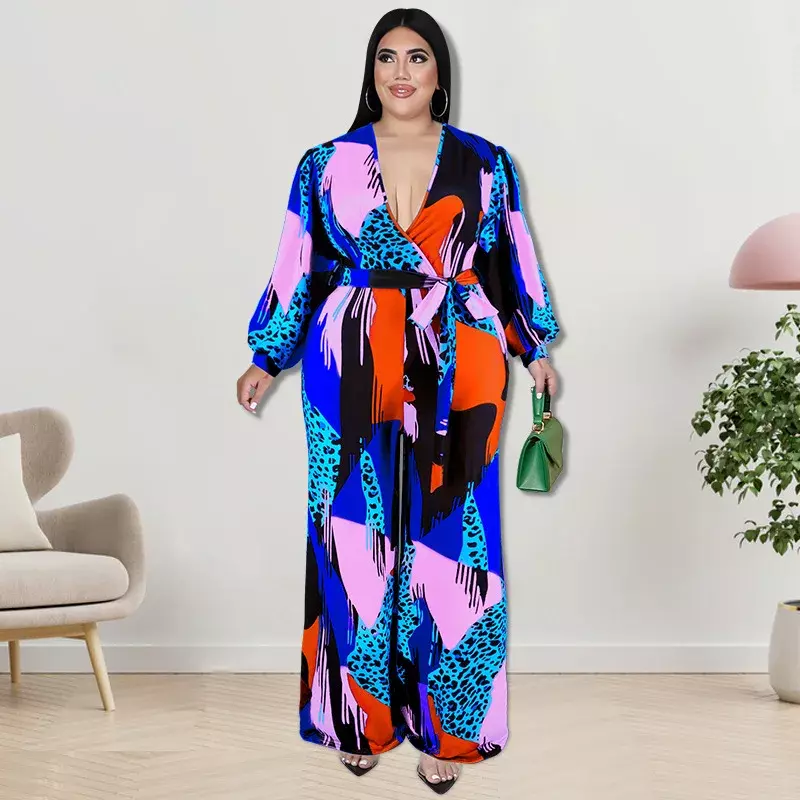 KEXU Women Plus Size Jumpsuit Print Long Sleeve V-neck Bandage Sashes Straight Jumpsuits 2024 Spring Street One Piece Overalls