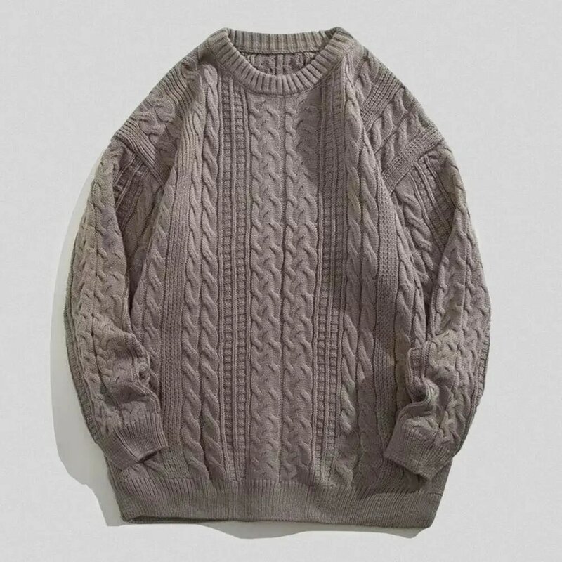 Suéter de malha trançado solto masculino, elástico, gola redonda, macio, quente, antiencolhimento, casual, outono, inverno