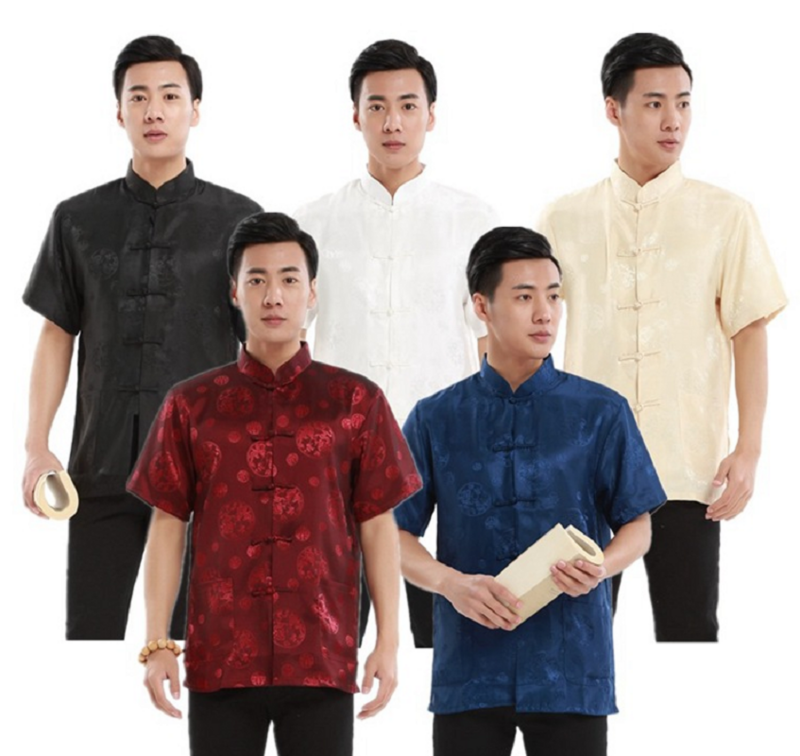 Gorąca wyprzedaż klasyczne chińskie mężczyzn wysokiej jakości satyna stroje Tang haftowany smok koszula z krótkim rękawem Kung Fu koszule S-3XL